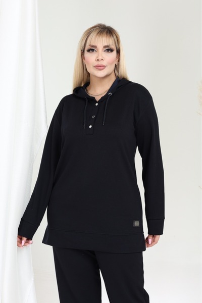 BİrHoşButik Plus Size Full Stretch Fabric Lace-Up Hooded Sleeve Piped Trend Elastic Waist Pocketed Pipe Leg Suit