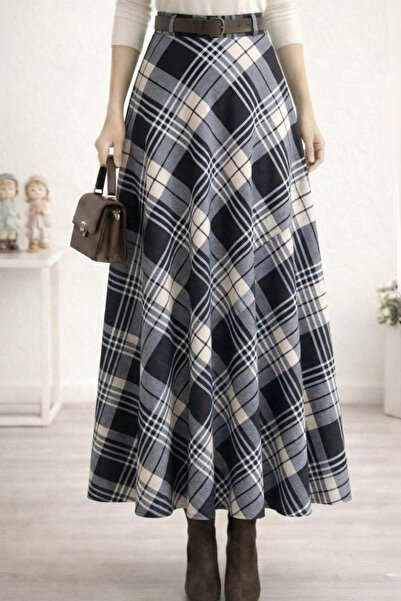 Hb Harma Time Butik Women's Beige Plaid Patterned Skirt