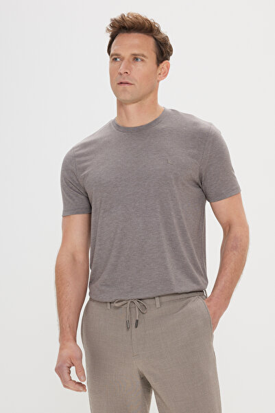 ALTINYILDIZ CLASSICS Men's Brown Slim Fit Slim Fit Crew Neck Jacquard T-Shirt
