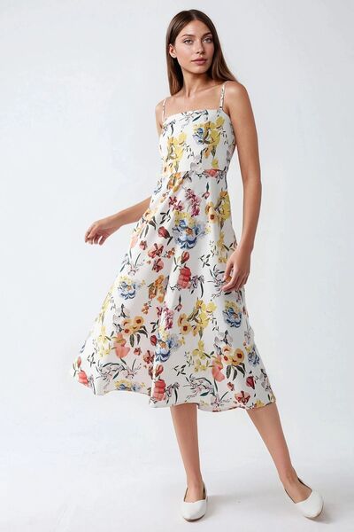 Hiccup Askılı Çiçek Desenli Midi Elbise