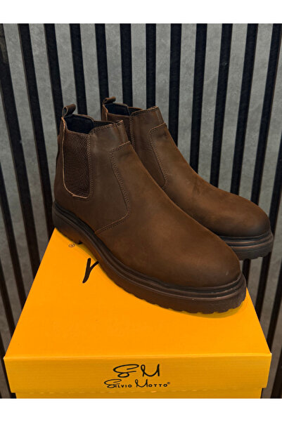 Silvio Motto Erkek Kahverengi Süet Chelsea Bot – Kalın Taban Lastikli Günlük Bot