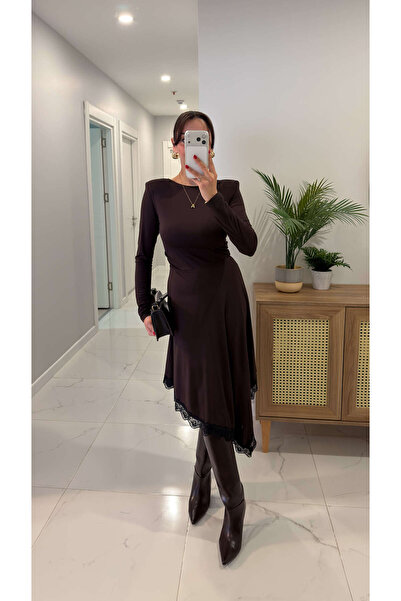 BİRCANÇİL Contras Brown Skirt with Lace Detail Shoulder Pad Piece Dress