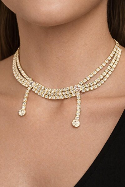 TAKIŞTIR Gold Color Stone Detailed Design Evening Dress Necklace