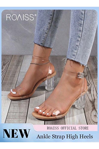 ROAISS Women Transparent Strappy High Heels Women Thick Heel Sandals Women Bu...