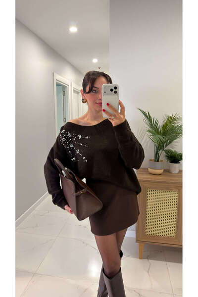 BİRCANÇİL Tricotaj Nonre maro închis pentru umăr cu pietre aplicate