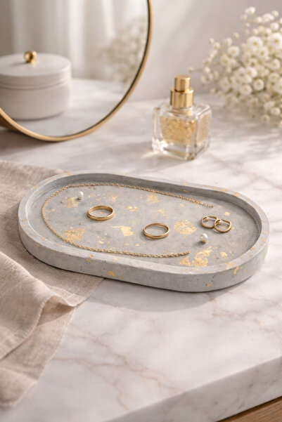 Sabletscrafts Gold Leaf Concrete Oval Jewelry Tray – Modern Vanity Table Jewe...