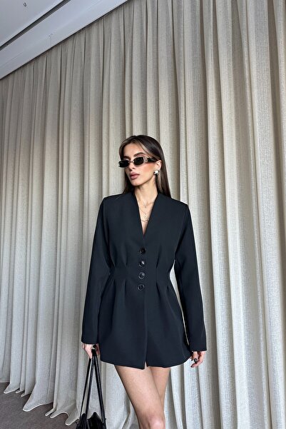 MAT Collection Kadın Siyah Belden Oturtmalı Düğmeli Blazer Ceket