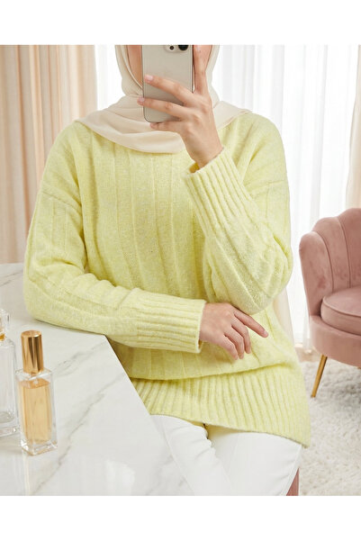 Modamorfo Half-Throated Stripe Patterned Soft Knitwear Sweater -Yellow