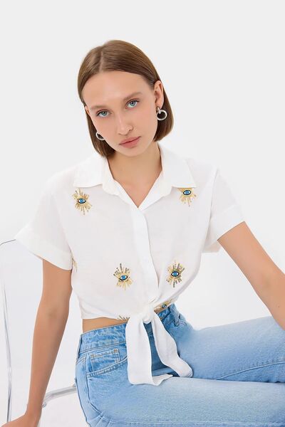 Hiccup Cămașă brodată cu nodă în față și mâneci scurte