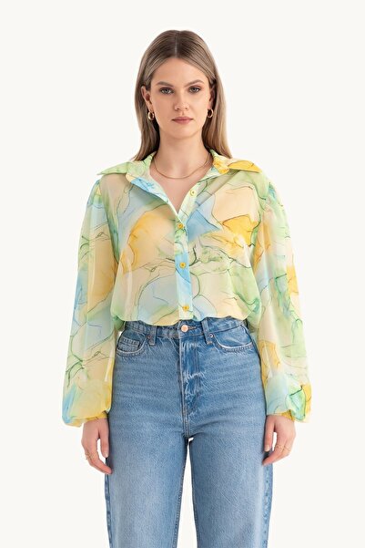 Hiccup Loose abstract chiffon shirt with wide sleeves