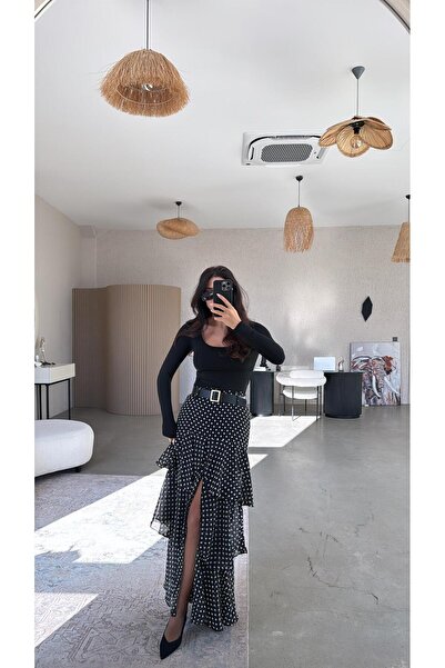 Buket Teke Black Polka Dot Maxi Belted Layered Skirt