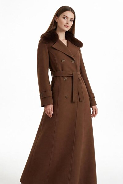 ESİN GİYİM Kürk Yakalı Kruvaze Kaşe Manto- Old Money Tarz