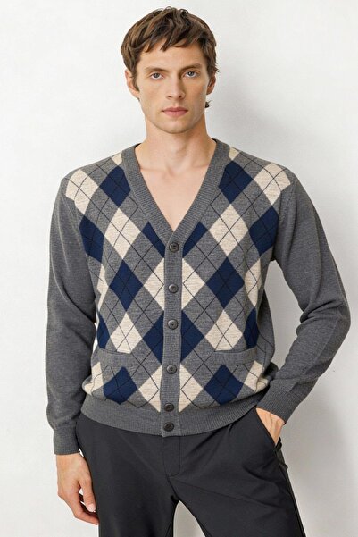 Desen Triko Men's V-Neck Argyle Patterned Wool Cardigan Smoked