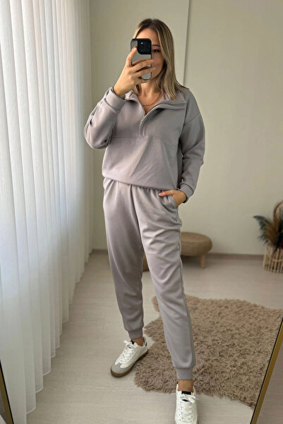Kubos Moda Hidden Half Zipper Gray Tracksuit Set