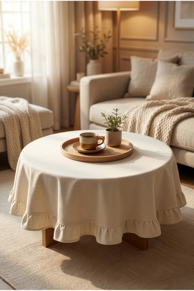 YUNUSOĞLU HOME Față de masă decorativă rotundă Fiskos cu margini cu volane, c...