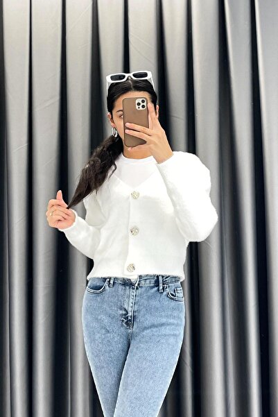 Mistix Gold Button Detail Bearded Knitwear Cardigan - Ecru Ekru