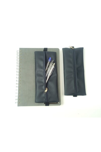SYAZE Smoked Faux Leather Elastic Notebook Pen Holder – Minimal Pen Bag with Zipper