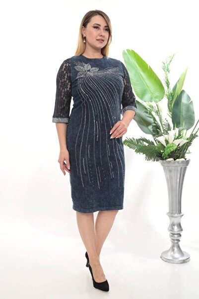 JERFİ Women's Lace and Stone-Detail Modal Midi Dress