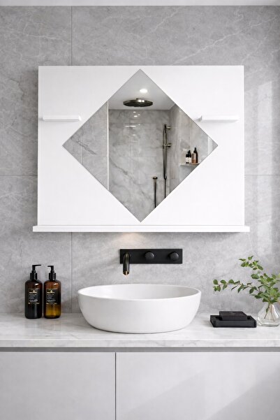 TETTO ELAGANTE ZEPLİN Banyo Aynası, Dresuar,60x45 Beyaz Raflı Banyo Aynası Te...