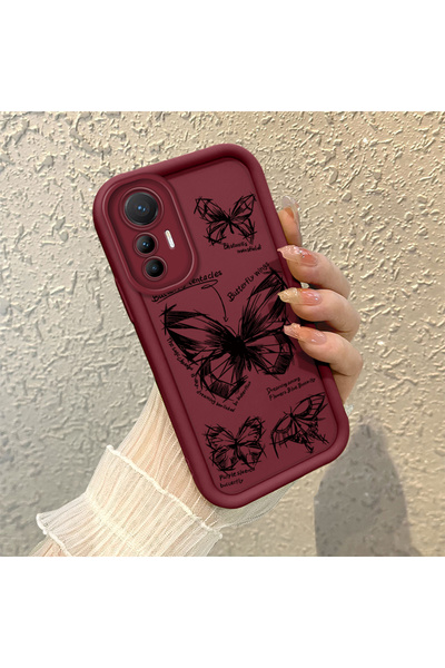 PATTERNOVA حافظة سيليكون Mi 12 Lite بتصميم الفراشة باللون الأحمر الداكن مع حم...