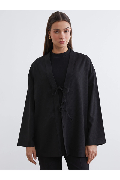 LC Waikiki Lcw Modest Black Shawl Collar Striped Oversized Women's Kimono