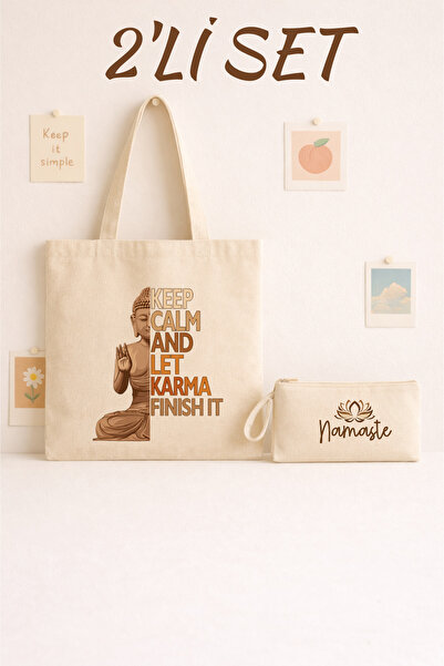 Maki Craft KARMA & NAMASTE TEMALI 2’Lİ BEZ ÇANTA & FERMUARLI KALEMLİK SETİ