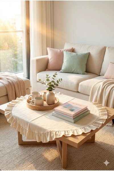 YUNUSOĞLU HOME مفرش طاولة قهوة دائري مزخرف بحواف مكشكشة، باللون الكريمي، مقاس 80×80 سم