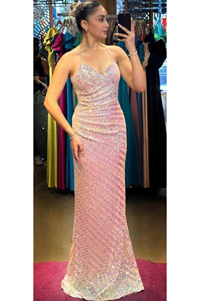 Abiyeniall Beyaz  İp Askılı  Sırt Dekolteli  Düz Kesim Desenli Uzun Abiye Elb...