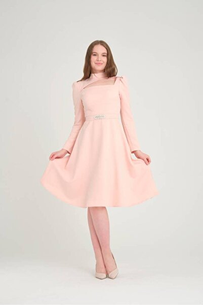 Stylish Baby pink midi dress with a soft neckline