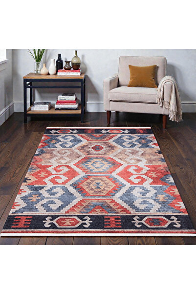 Zeora Home Vintage Ethnic Kilim |   Red & Blue Patterned |   Non-Slip Base