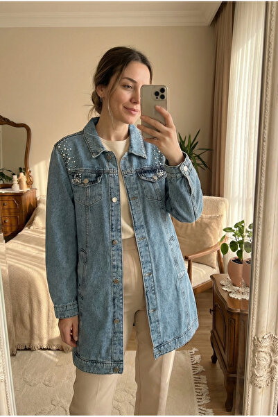 Kirazca Butik Jachetă din denim O supradimensionat cu detalii perlate – Jache...
