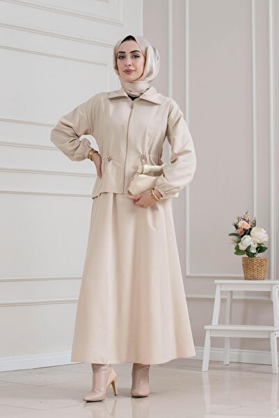 Sevitli Beli Tünelli Zippered Skirt with Skirt - Beige