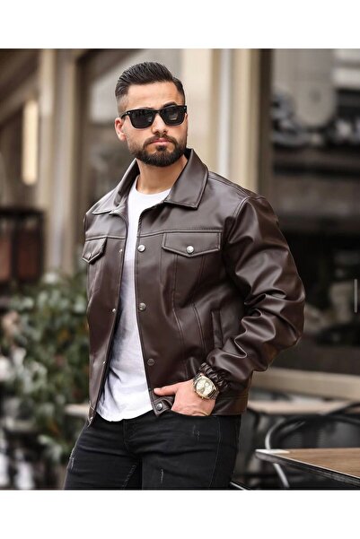 İBOS MODA New Season Men's Full Snap Closure Casual Leather Jacket