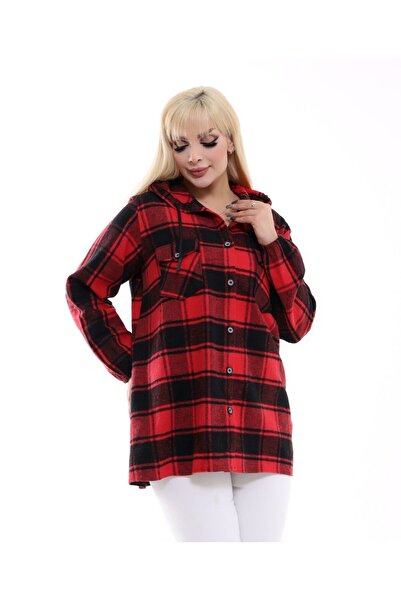 BİrHoşButik Plus Size Cotton Stretch Fabric Hooded Elasticated Sleeve Buttone...