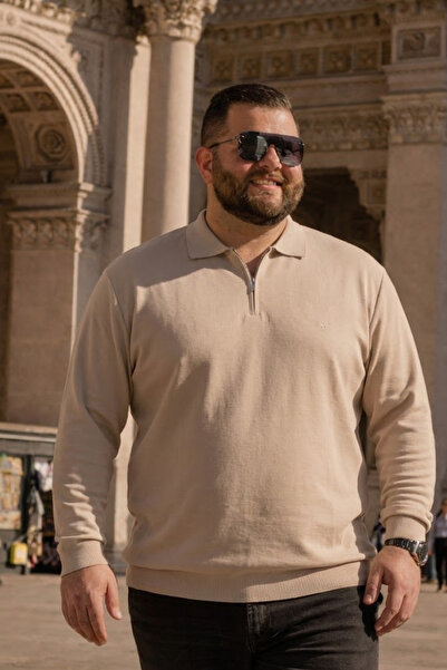 Maccali Men's Casual Plus Size Cream Zipper Sweatshirt