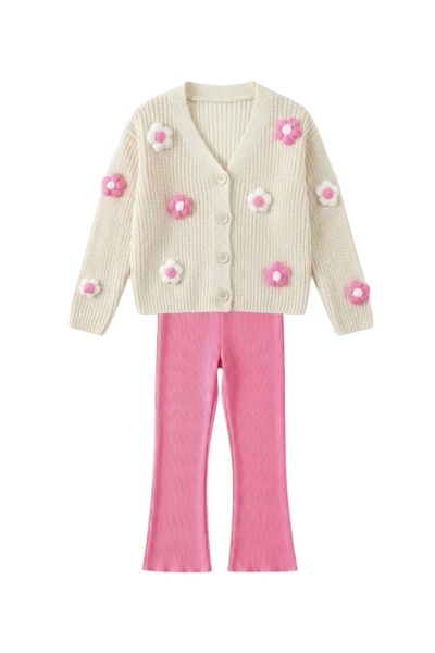 Daisy Dolly Cardigan cu detalii florale 3D pentru fetiță material reiat Set d...