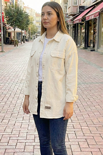 Asist AST 2175 Yırtık Detaylı Çıtçıtlı Oversize Kadın Kot Ceket Ekru