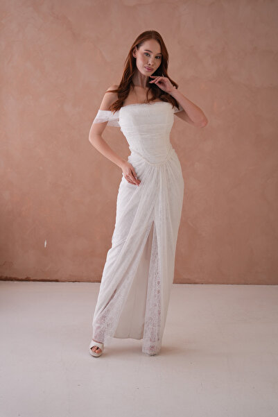 CİXAPLE Off-Shoulder Draped Glitter Lace Long Evening Dress