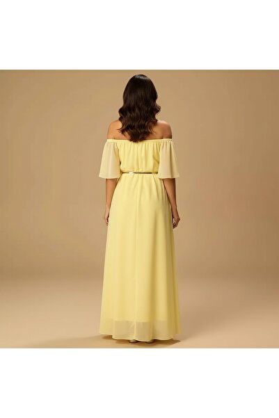 SERA فستان أنيق من الشيفون بلون أصفر ليموني مكشوف الكتفين
