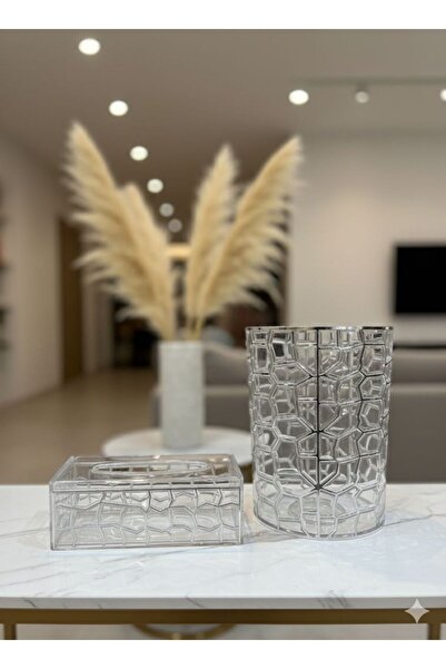 Noor سلة وعلبة منديل اكريلك بنقشة الون فضي شبيه تشققات الجليد