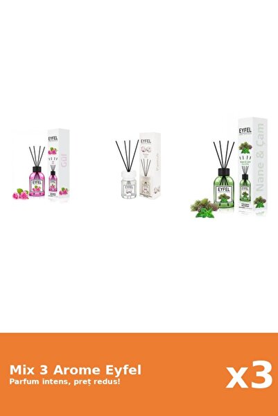 Eyfel Set 3 Mix Eyfel: 1x Bumbac, 1x Pin Si Menta, 1x Trandafir