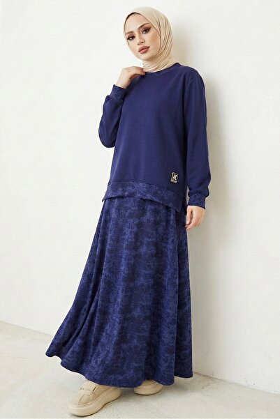 Bestenur Desenli Tunik Etek İkili Takım 1675 - Lacivert