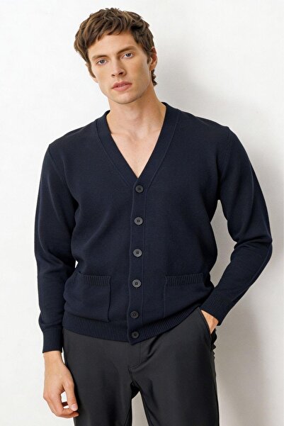 Desen Triko Men's V-Neck Pocketed Wool Cardigan Dark Navy