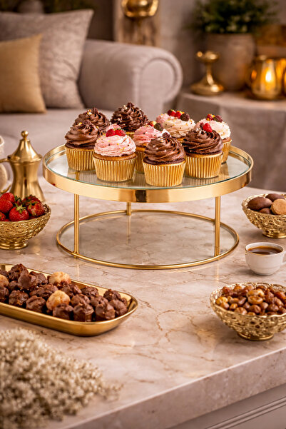 Dania ✨ Luxury gold metal serving stand with glass top – 30x15 cm ✨