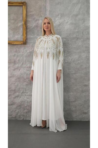 MİSS DİAMOND Stylish Abaya Ferace with Stones, Long Sleeves, Lining, and Whit...
