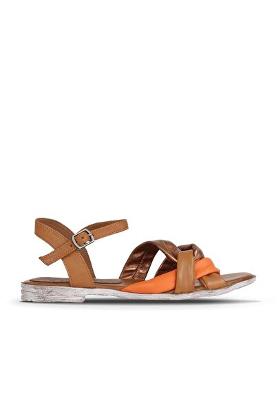 Bueno Shoes Tan Orange Leather Women's Flat Sandals 01Wy3400