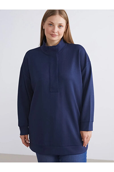 LC Waikiki Lcw Modest Navy Blue Mock Neck Oversized Women's Sweatshirt Tunic ...