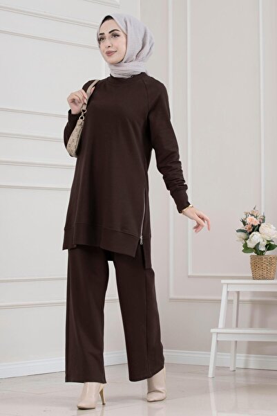 Sevitli Crew Neck Side Zipper Suit-Brown