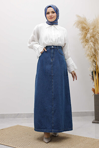 Tesettür Dünyası High Waist Denim Skirt Tsd260120 Blue