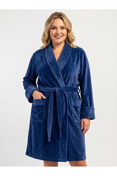 cotonhause Kadın Büyük Beden Sabahlık - Kadife Şal Yaka Cepli %100 Pamuk Laci...